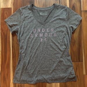Under Armour Heather Gray V-Neck Tee with Pink Logo